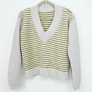 Brandless Gray Olive Striped V Neck Pullover Sweater